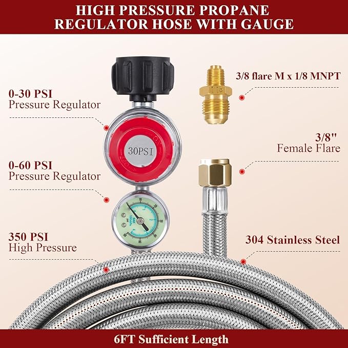 6 FT Propane Regulator Hose with Gauge, 0~30PSI Adjustable Propane Tank Regulator, 3/8" Female Flare Gas Grill Regulator for Weber Genesis Spirit Grill Blackstone 28”&36” Griddle