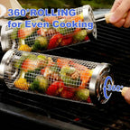 Rolling Grill Basket 2-Pack, Premium 304 Stainless Steel, Removable Wooden Handles, Upgrade Rolling Grill Baskets for Outdoor Grill, BBQ Grill Accessories for Camping/Backyard Cooking, Ideal Gift for Dad/Husband