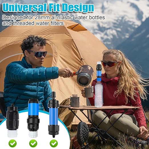 Water Filter Coupling Kit, Filtration Cleaning Couplings with 5 Pcs Gasket Seals, for 28mm External Threaded Water Filters and Standard Plastic Bottles for Hiking Camping