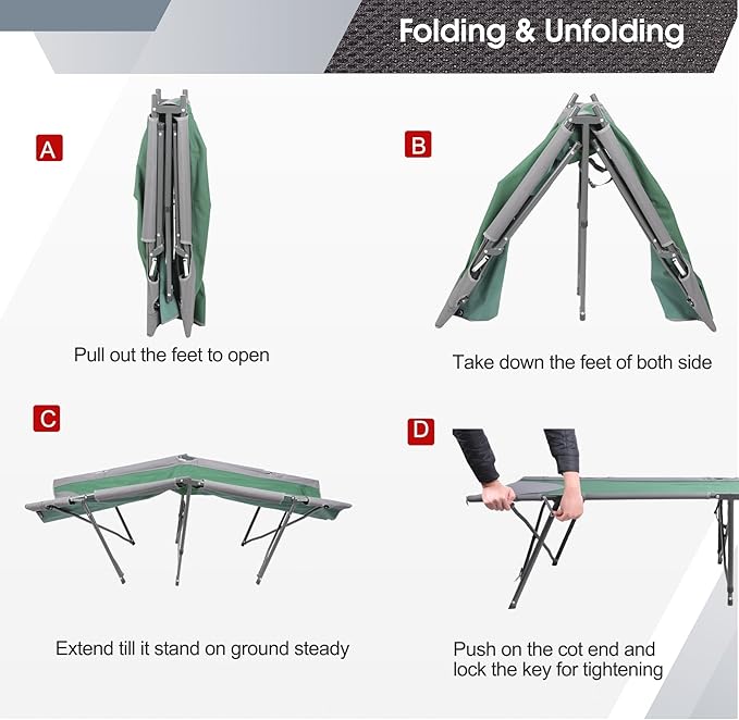 Portal Folding Camping Cot, Portable Cot Bed for Adults, Outdoor Bed Camp Cots for Sleeping with Carry Bag for Home, Travel, Office, Beach, Support up to 300lbs, Green