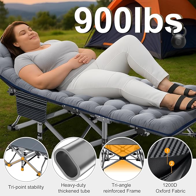 ABORON XXL Camping Cot for Adults, Oversized 78"×32" Folding Camping Bed, 900LBS Heavy Duty Outdoor Sleeping Cot with Mattress Pad, 1200D Oxford, Portable with Carry Bag