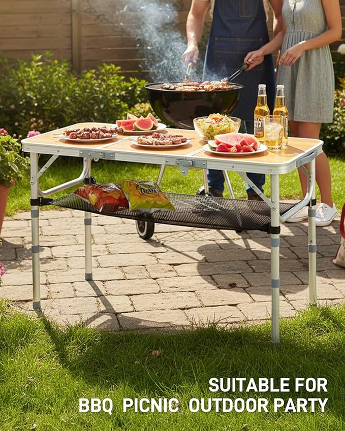 Outvita Folding Table, 3FT Aluminum Camping Table with Storage Adjustable Height Picnic Table Lightweight for Carring Outdoor Party Events Beach