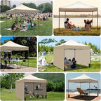 10x10 Durable Pop Up Canopy Tent with Sidewalls, Waterproof Attachable Tent Wall, Privacy Shade for Outdoor Events, Camping, Farmers Market (Khaki)
