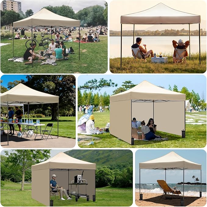 10x10 Durable Pop Up Canopy Tent with Sidewalls, Waterproof Attachable Tent Wall, Privacy Shade for Outdoor Events, Camping, Farmers Market (Khaki)