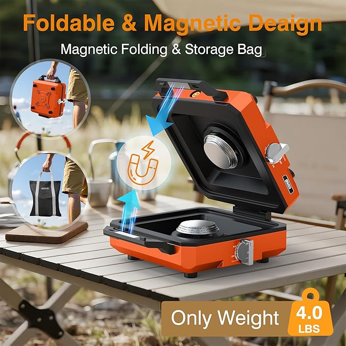 ODSD 2 Burner Camping Stove with Windshield, 20000 BTU Propane Camp Stove, Portable Folding Gas Stove, Camping Essentials Gear Includes Frying Pan, Coffee Stand & Carry Bag, Orange