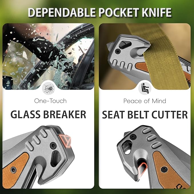 NedFoss DA169 Pocket Knife for Men Women, 4 in 1 Pocket Folding Tactical Knives, Survival Knife with Seat Belt Cutter, Glass Breaker, Bottle Opener Camping Knives, Cool Hunting knife for Men Knives, Mens Stocking Stuffers Fathers Day Gift for Dad (Grey)