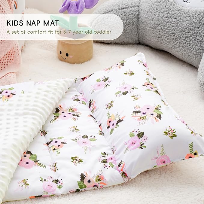 Bunnikins & Clover Toddler Nap Mat with Removable Pillow, Nap Mats for Preschool, Easy Clean Toddler Nap Pad for Kindergarten, Kids Sleeping Bag for Travel Camping