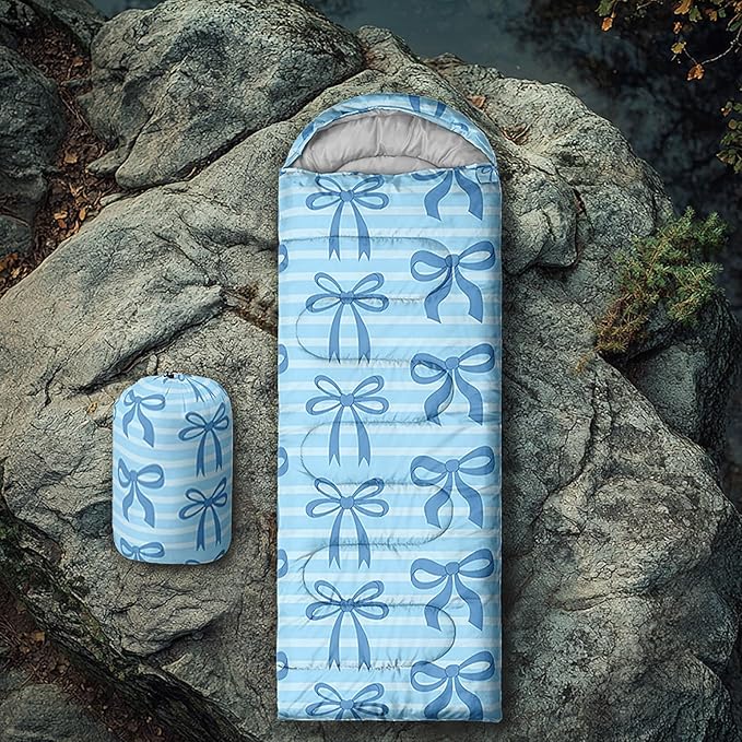 Colorful Bow Sleeping Bag, 3 Season Warm Cool Weather, Hand Drawn Bow Camping Sleeping Bag for Adult, Cute Bowknot Camping Backpacking for Outdoor Traveling Hiking Hunting Gear Equipment