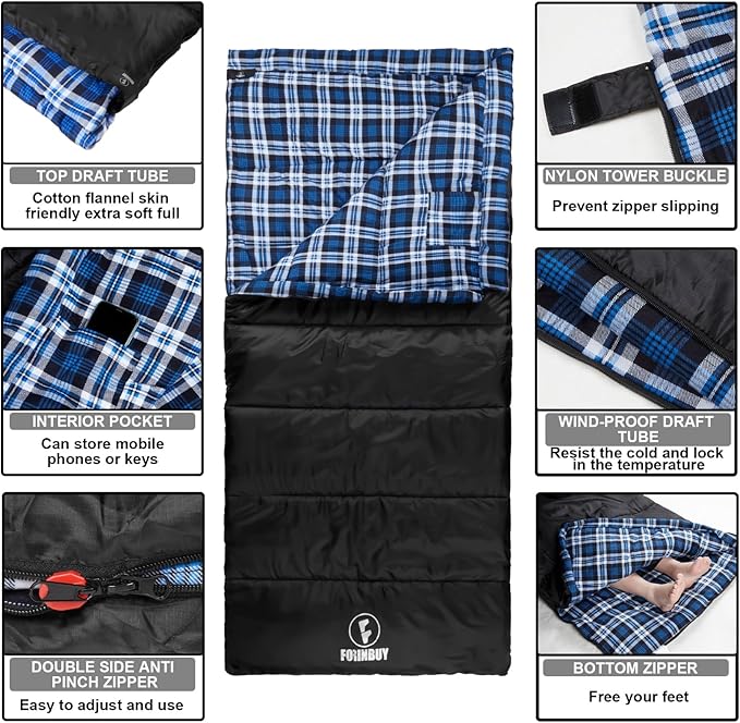 Flannel Sleeping Bag Cold Weather for Adults XL Camping Cotton Sleeping Bag 4 Season Big and Tall, Waterproof with Compression Sack