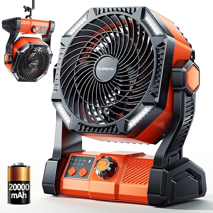 Camping Fan, 20000mAh Rechargeable Battery Powered Outdoor Tent Fan with Light and Hook, 6 Speed, Personal USB Desk Fan for Camping, Fishing, Hurricane, Power Outage Essentials