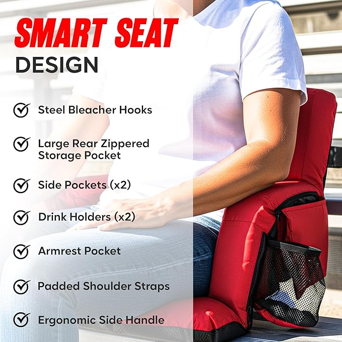 BRAWNTIDE Stadium Seat for Bleachers with Back Support - Wide Padded Reclining Bleacher Seat, Portable Folding Stadium Chair with Armrests, Hooks, Straps, Cup Holders & Pockets for Games & Concerts