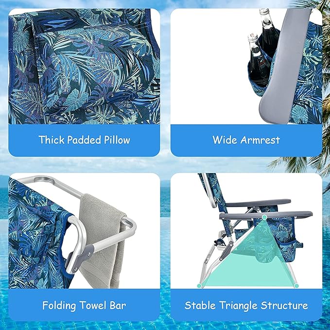 Goplus Beach Chair, Folding Backpack Beach Chairs for Adults with 5 Positions, Head Pillow, Cooler Bag, Towel Bar, Cup Holders, Sunbath Sling Tanning Lounge, Foldable Layout Camping Chairs