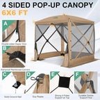 COBIZI 6x6 FT Pop up Gazebo Tent, Waterproof Instant Screen with Mosquito Netting, Portable Outdoor Small Screen Tents Sun Shelter, carpas para Patio for Outdoor Camping, Backyard and Garden, Khaki