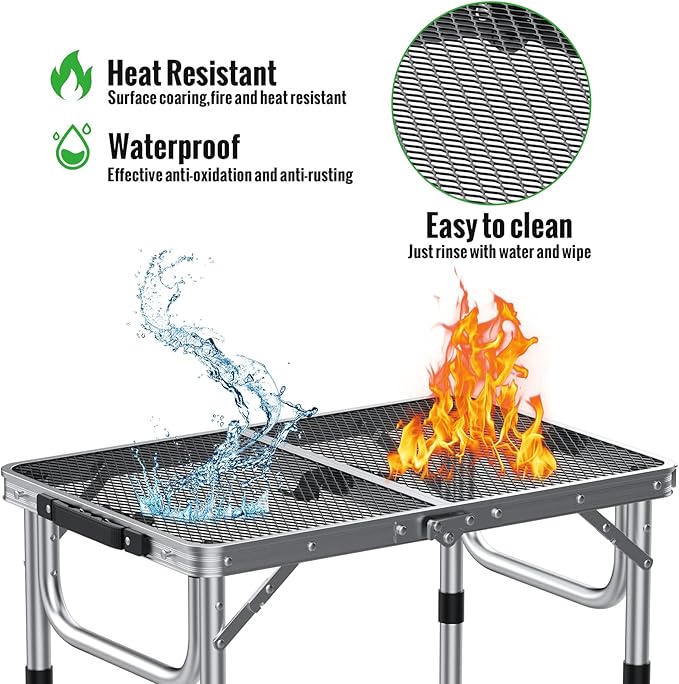 GARLLEN 2ft Folding Grill Table, 3 Adjustable Height Folding Camping Table with Heat-Resistant Mesh Tabletop, Portable Aluminum Picnic Tables for BBQ, Camping, Outdoor, 22.8" L x 15.7" W