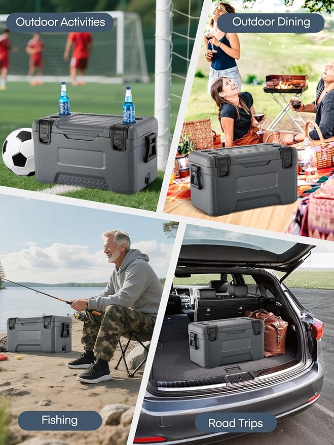 Cooler, Portable Hard Cooler with Dual Latches, Insulated Ice Chest with Swing-up Side Handles, Molded Ruler＆Cup Holders, Coolers Keeps Cool up to 6 Days, Camping Fishing Road Trips Beach, 47.5 QT