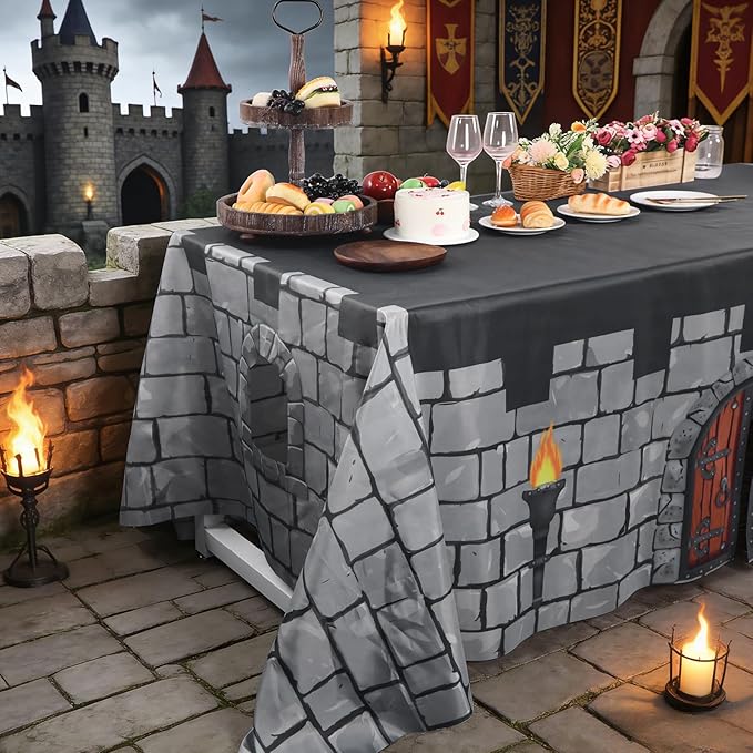 Medieval Castle Playhouse 10ft x 7.5ft Large Stone Wall Party Tablecloth Table Tent Cover Medieval Castle Party Decor Supplies for Indoor Outdoor Knight Birthday Parties Playground Play Accessory