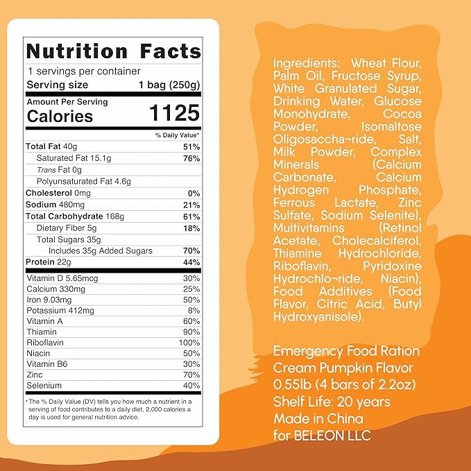 Emergency Food Supply - Cream Pumpkin Survival Ration - 20 Years Shelf Life - 1 Day
