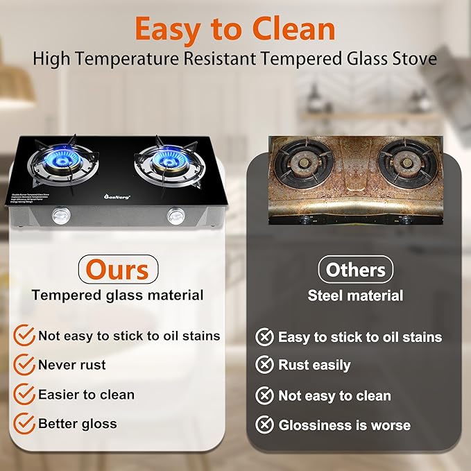 Gas Stove 2 Burner Propane Stove Two Burner Gas Cooktop, Tempered Glass Auto Ignition LPG Cooker, Suitable for Outdoor/Camping/RVs