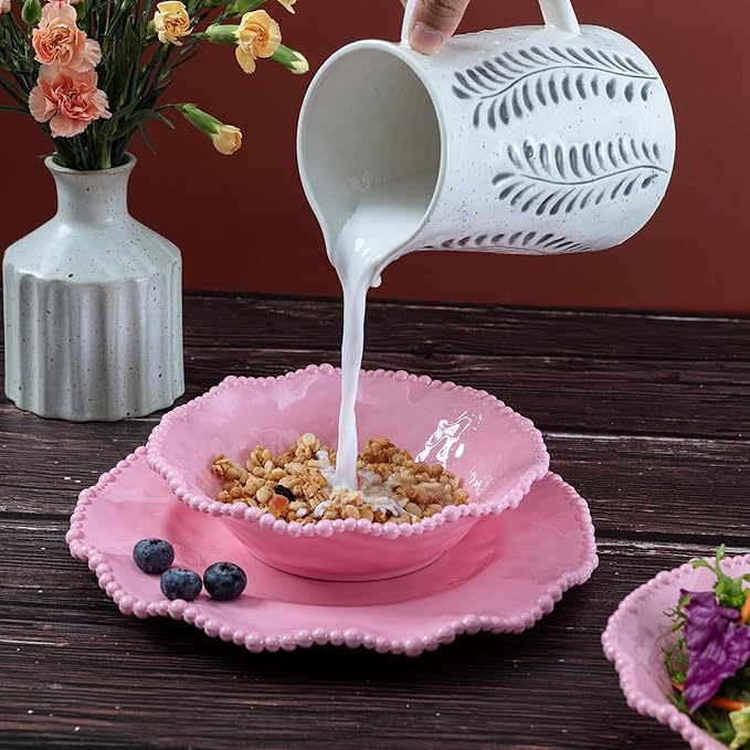 12 pcs Melamine Dinnerware Set, Elegant Scalloped Rim With Beaded Serving Plates and Bowls Sets of 4, Pearl Design Kitchen Dishes Dinner Set.Perfect for Girl's and Women's Parties,Gathering