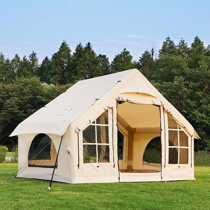 2025 Upgraded Waterproof Inflatable Camping Tent, Large Blow-Up Air Tent, No Assembly Needed Luxury Glamping House, Oxford Fabric