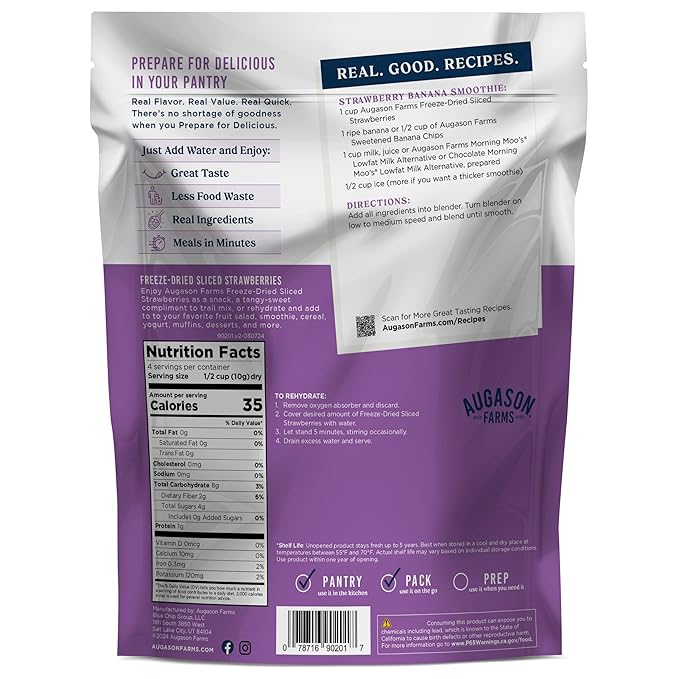 Augason Farms Freeze Dried Sliced Strawberries Pouch - Gluten Free Snack for Baking, Smoothies, and Emergency Storage - Healthy Individual Fruit Snacks – 1.4 Ounces (4 Servings)