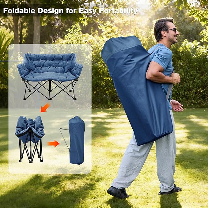 Double Camping Chair Heavy Duty Oversized Padded Loveseat for Adults 2 Person Outdoor Portable Camping Chairs for Lawn, Backyard, Fishing, Trip, Support 600lbs, Navy