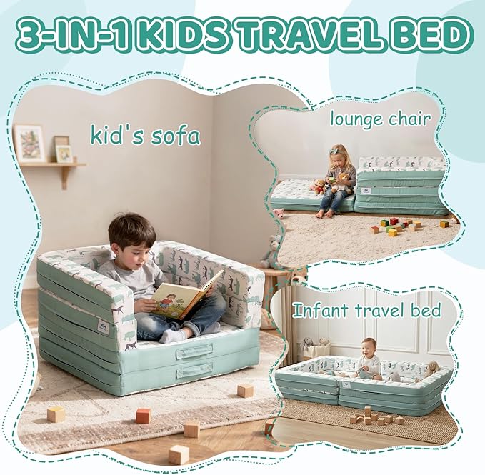 Toddler Travel Bed,Bunny-Shaped 3-in-1 Foldable Toddler Bed for Kids, Portable Toddler Cot with Washable Covers Soft Foam Raised Bumper for Naps,Lounger,and Little Sofa
