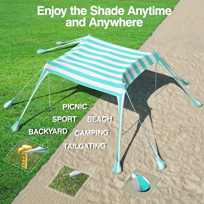 Rhino Valley Beach Tent Shade Canopy UPF50+ Protection, 8 Sandbags, 4 Stability Poles, Outdoor Sun Shelter Umbrella for Sand, Camping, Fishing Essentials