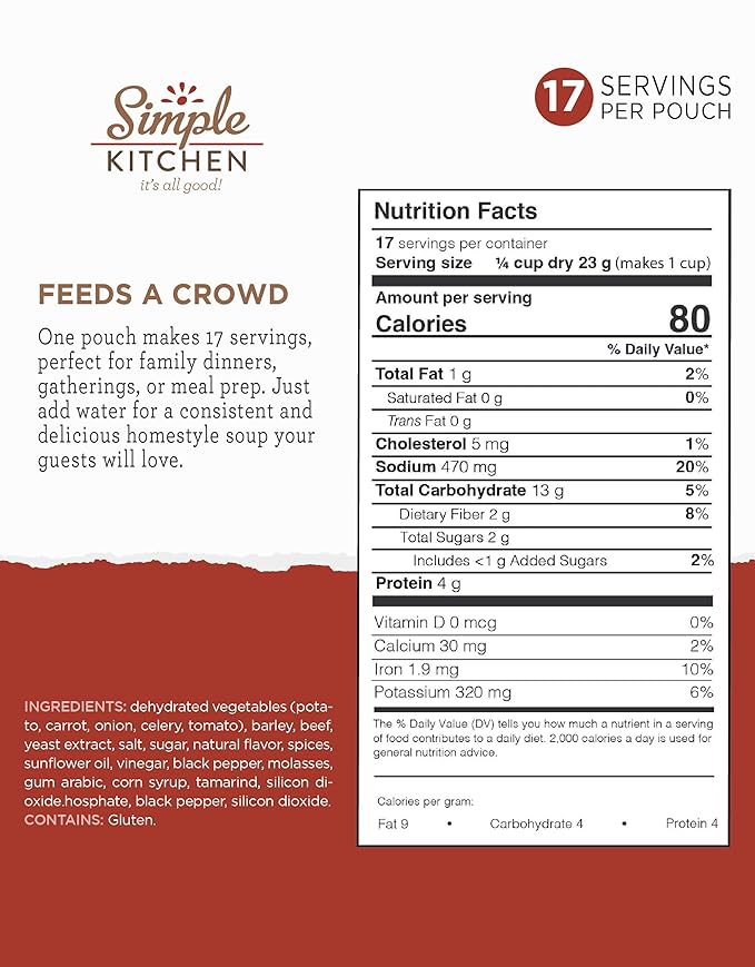 Simple Kitchen Vegetable Beef & Barley Soup Mix - 17 Servings for Family Meal Prep, Vegetarian, Gluten Free, Dehydrated & Freeze Dried Survival Food for Camping Meals & Hiking, Survival Kit, Pack of 4