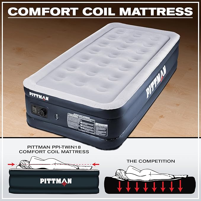 Pittman Outdoors - Black 18" Luxury Double High Twin Air Mattress with Built in Pump - Premium Comfort Twin Size Blow up Mattress - 300lb Capacity - Ideal for Home Visits, Guests, Travel or Camping