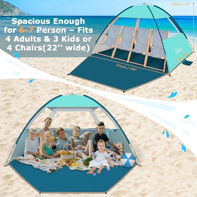 COMMOUDS Beach Tent Sun Shade for 3/4/6/8 Person, UPF 50+ Beach Sun Shelter Canopy Tent, Lightweight, Easy Set Up and Carry