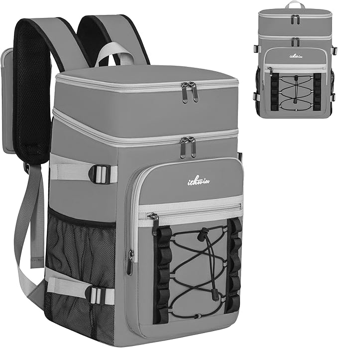 Cooler Backpack, 40 Cans Insulated Lunch Backpack Picnic Backpack for Men&Women, Durable Cooler Bag with 2 Leak Proof Compartments for Picnic, BBQ Camping, Lunch, Beach, Hiking, Gray