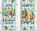 Camping Gifts for Women, Happy Camper Kitchen Towels, Funny Sayings Dish Towels Set of 2 for Camping Lovers, Farmhouse Camping Tent RV Hand Tea Towels for Housewarming Birthday Christmas, 18x26 Inches