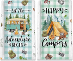 Camping Gifts for Women, Happy Camper Kitchen Towels, Funny Sayings Dish Towels Set of 2 for Camping Lovers, Farmhouse Camping Tent RV Hand Tea Towels for Housewarming Birthday Christmas, 18x26 Inches