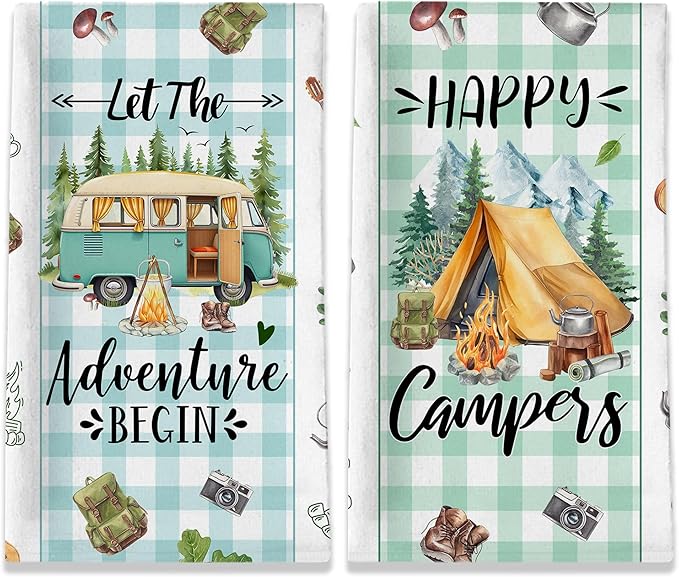 Camping Gifts for Women, Happy Camper Kitchen Towels, Funny Sayings Dish Towels Set of 2 for Camping Lovers, Farmhouse Camping Tent RV Hand Tea Towels for Housewarming Birthday Christmas, 18x26 Inches