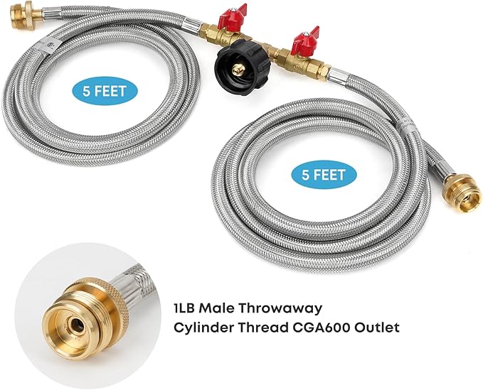 Stanbroil 5 Feet Stainless Braided Propane 2 Way Splitter Adapter Hose with Shut Off Valve Perfect for Camping, Heater, Grill, Stove