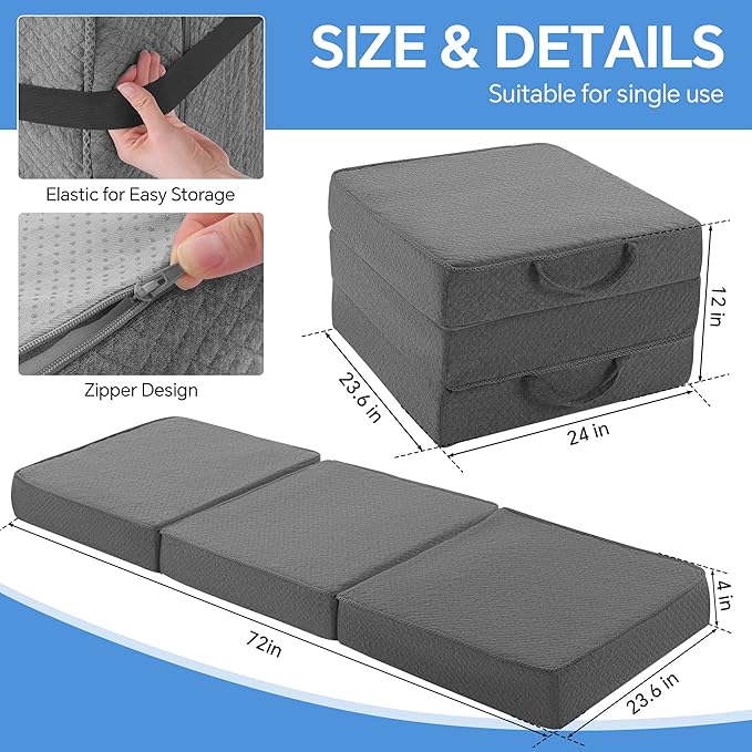 HOMBYS 5-Zone Memory Foam Tri-fold Mattress, 4 Inch Single Size Foldable Mattress with Washable Cover, Portable Floor Mat Bed with Elastic Band for Storage, Cot Pad for RV, Camping, Travel and Guest