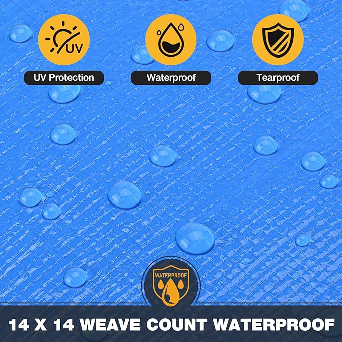 Tarp 10x20 Feet 14 Mil Heavy Duty Waterproof Tarp, Large Multipurpose Cover with Brass Grommets and Reinforced Edges, UV Resistant Thick Poly Tarps for Outdoor Camping Tent Pool Car, Blue