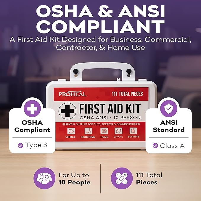OSHA Compliant First Aid Kit - 10 Person, Type III, ANSI Class A, 111 Pieces for Business, Office, Home, Truck, Car & Construction Site - Wall Mountable | ProHeal
