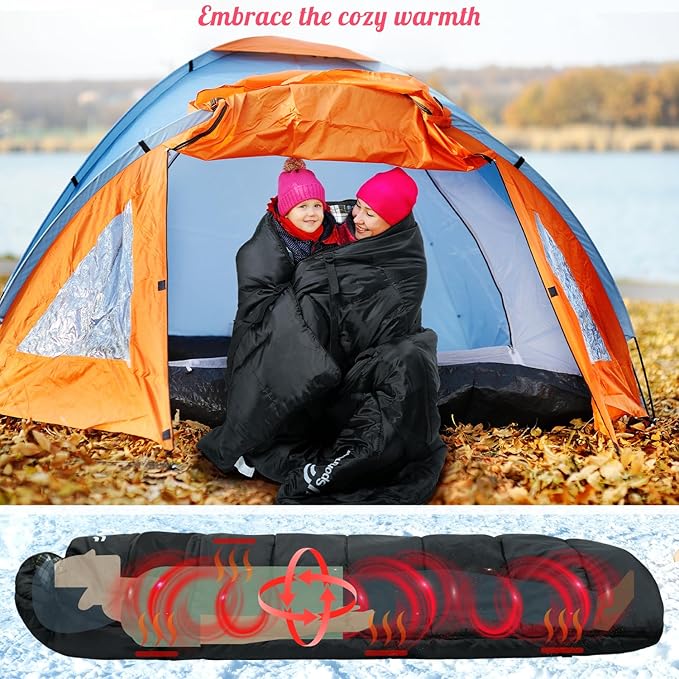 Sportneer Heated Sleeping Bag with 5 Heating Zones, Warm Flannel Cold Weather Sleeping Bag for Adults, 3 Heat Levels USB Powered (Power Bank Not Included), Winter Camping & Outdoor Hiking