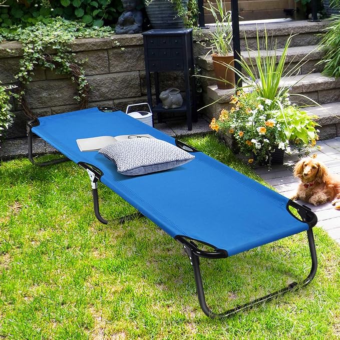 Giantex Folding Camping Cot for Adults, Portable Sleeping Cot Bed with 600D Oxford Fabric, Heavy Duty Frame, 350Lbs Capacity, 1-Step Use, Outdoor Lounge Chair for Sleepover Hiking, Home & Office, Blue