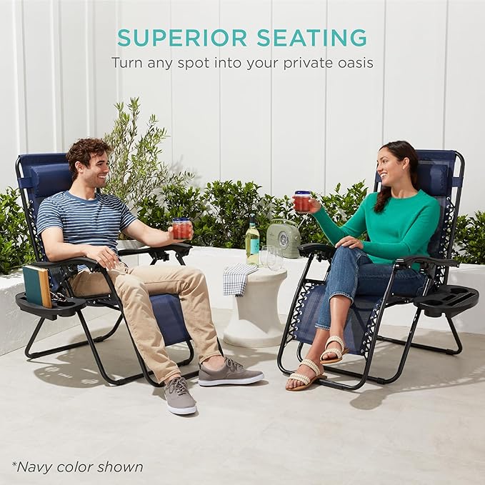 Best Choice Products Set of 2 Adjustable Steel Mesh Zero Gravity Lounge Chair Recliners w/Pillows and Cup Holder Trays - Stardew