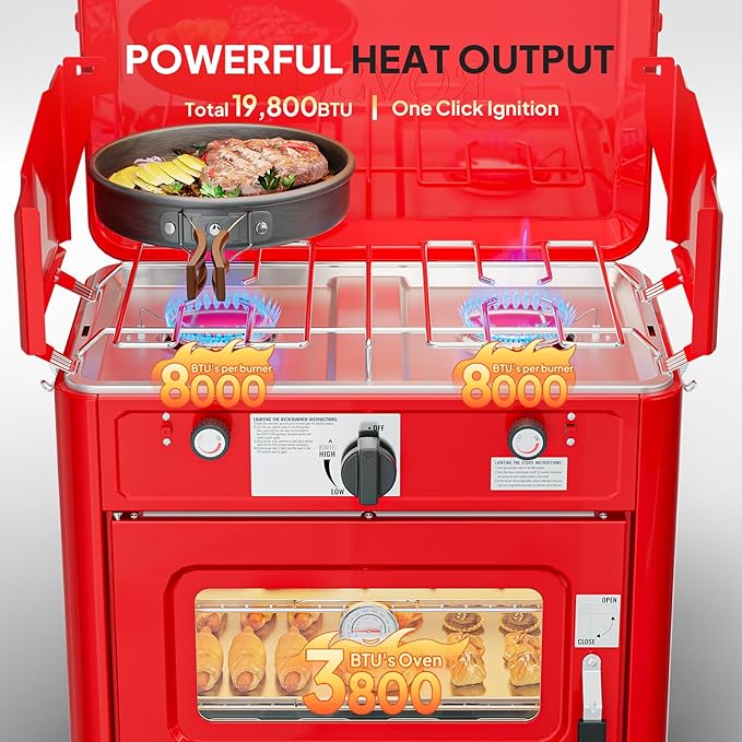 Bonnlo 2-in-1 Camping Oven & Portable Gas Stove Combo with 3-side Windscreen, Powerful 19,800 BTU Propane Oven with One-click Ignition, Heat-resistant Coating & Thermometer for Outdoor Use, Red