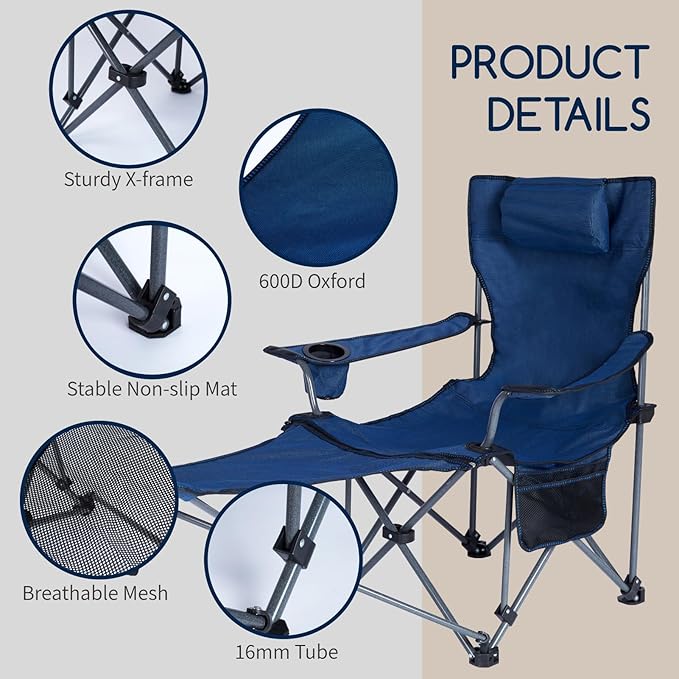 Folding Reclining Camping Chairs Footrest: 3 in 1 Portable Beach Lounge Chair Tanning Chairs with Backpack Lay Flat Lawn Chair Camping Furniture Camp Fishing Outdoor Carry Bag (Cloth Back, Grey)