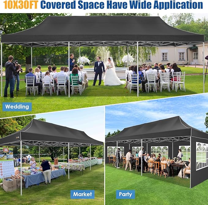 HOTEEL 10x30 Heavy Duty Pop up Canopy Tent for Parties with 8 Sidewalls, Easy Setup Outdoor Commercial Instant Gazebo for Wedding Event, with Portable Bag & Sand Bags, Black(Hexagonal Frame)