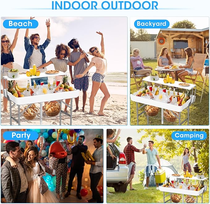 HLPB 4 FT Party Ice Cooler Folding Table with Folding Board, Outdoor ice Table with Skirt & Drain & Folded Buckets & Barbed Wire, Portable Foldable Bar Table for Party, BBQ, Camping, Picnic, White