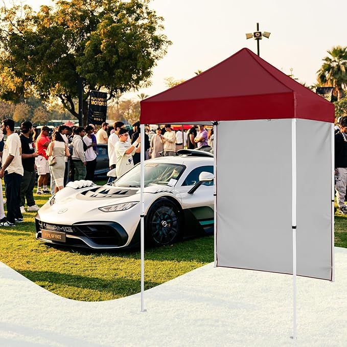 5x5 Pop Up Canopy Tent with One Sidewall, Instant Portable Beach Canopy, Outdoor Tent with Carry Bag for Camping, Sports, Tailgating, Events, Burgundy