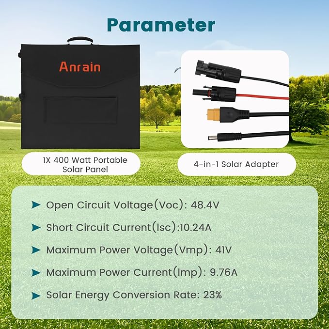 400W Portable Solar Panel, with 4-in-1 Connector and MC4 Output, IP65 Waterproof with Adjustable Stand, 400W Foldable Solar Panel for Power Station, RV, Off Grid Blackouts, 23% High Efficiency
