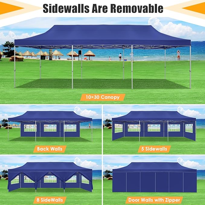 HOTEEL 10x30 Heavy Duty Pop Up Canopy Tent with Sidewalls, Tents for Parties Commercial Party Tent Event Wedding Instant Canopy Waterproof with Carry Bag, UV 50+, Thicked Hexagonal Legs, Deep Blue