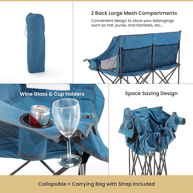 ARROWHEAD OUTDOOR Portable Folding Double Duo Camping Chair Loveseat w/ 2 Cup & Wine Glass Holder, Heavy-Duty Carrying Bag, Padded Seats & Armrests, Supports up to 500lbs, USA-Based Support